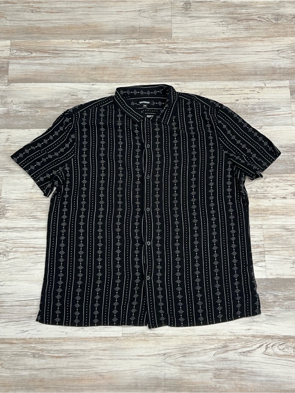 Express Men’s Black Short-Sleeve Button-Down Shirt with White Pattern